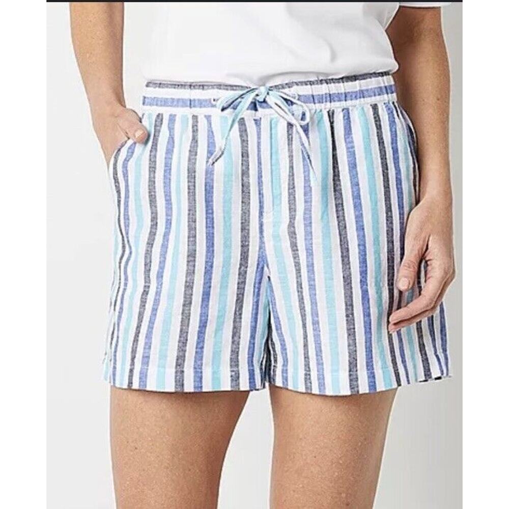 Liz Claiborne Mid Rise Linen Blend Pull On Blue Striped Shorts Size XXL